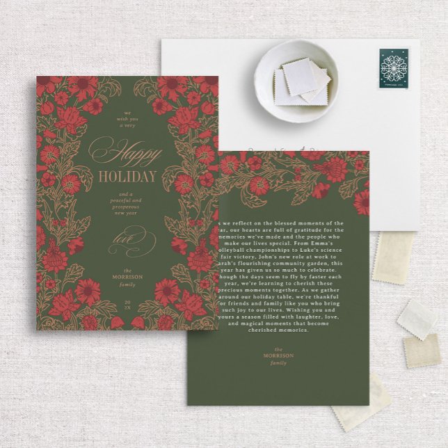 Morris-Inspired Floral Dark Green Holiday Card (Creator Uploaded)