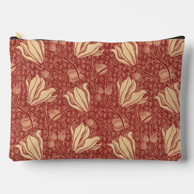Morris Inspired Lily Flower Botanical Red Textile  Accessory Pouch (Front)