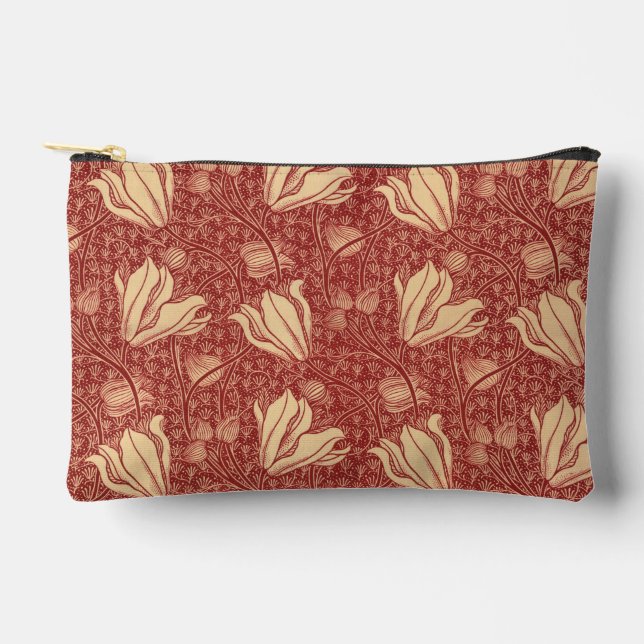 Morris Inspired Lily Flower Botanical Red Textile  Accessory Pouch (Front)