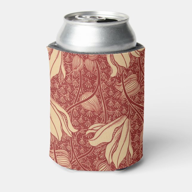 Morris Inspired Lily Flower Botanical Red Textile  Can Cooler (Can Back)