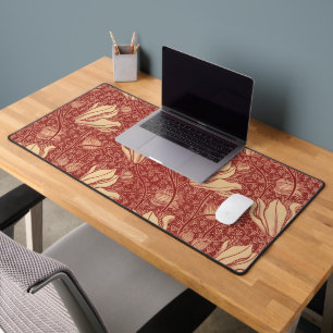 Morris Inspired Lily Flower Botanical Red Textile  Desk Mat