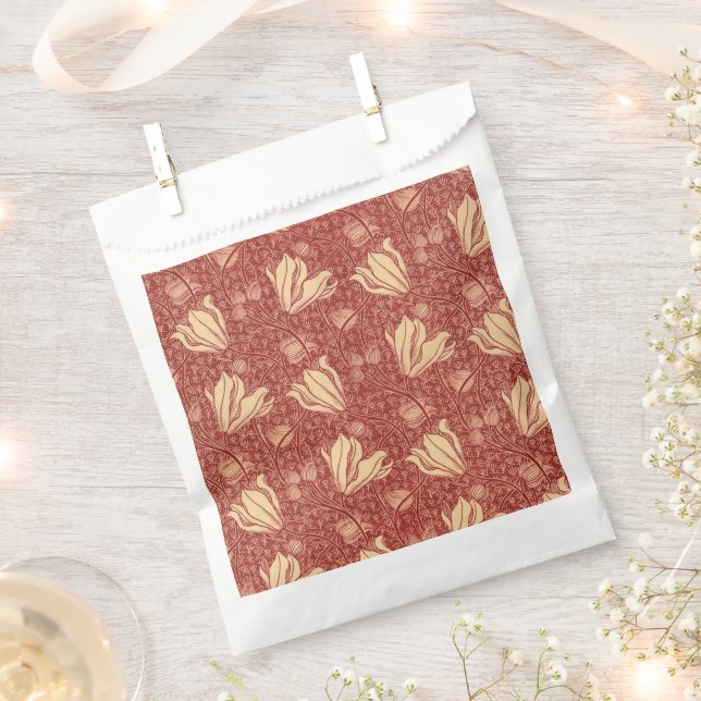 Morris Inspired Lily Flower Botanical Red Textile  Favour Bags (Clipped)