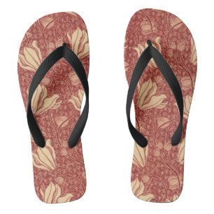 Morris Inspired Lily Flower Botanical Red Textile  Flip Flops