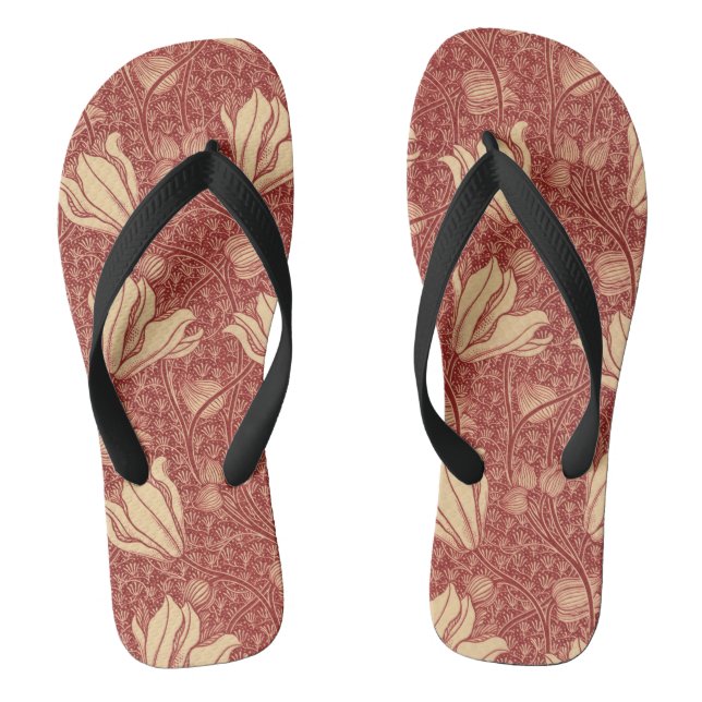 Morris Inspired Lily Flower Botanical Red Textile  Flip Flops (Footbed)