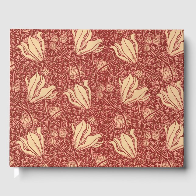 Morris Inspired Lily Flower Botanical Red Textile  Guest Book (Front)