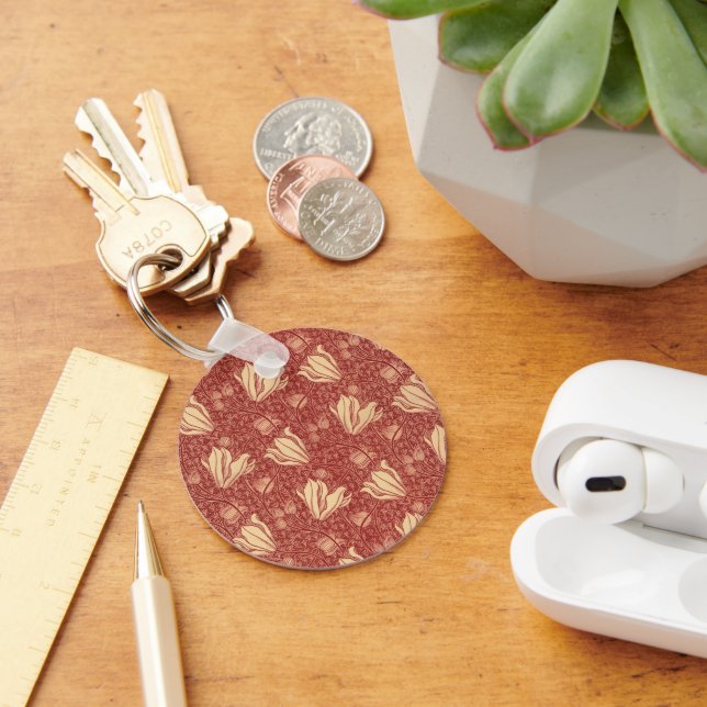 Morris Inspired Lily Flower Botanical Red Textile  Key Ring (Desk)