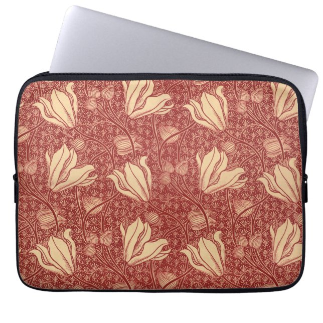 Morris Inspired Lily Flower Botanical Red Textile  Laptop Sleeve (Front)
