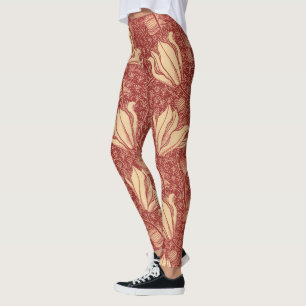 Morris Inspired Lily Flower Botanical Red Textile  Leggings