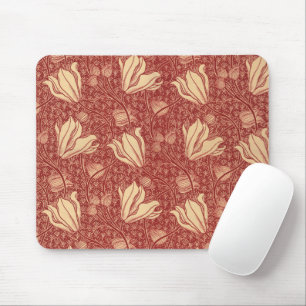 Morris Inspired Lily Flower Botanical Red Textile  Mouse Mat
