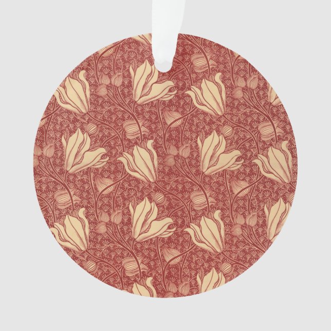 Morris Inspired Lily Flower Botanical Red Textile  Ornament (Front)