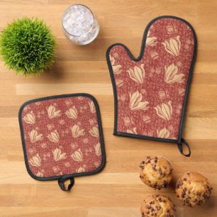 Morris Inspired Lily Flower Botanical Red Textile  Oven Mitt & Pot Holder Set