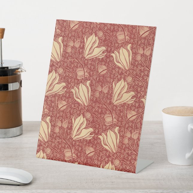 Morris Inspired Lily Flower Botanical Red Textile  Pedestal Sign (In SItu)