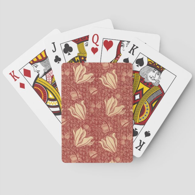 Morris Inspired Lily Flower Botanical Red Textile  Playing Cards (Back)