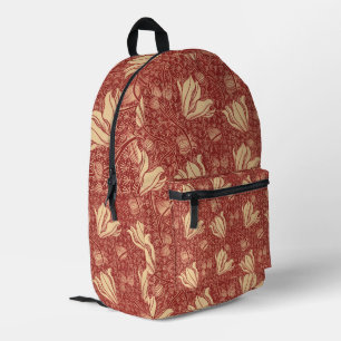 Morris Inspired Lily Flower Botanical Red Textile  Printed Backpack