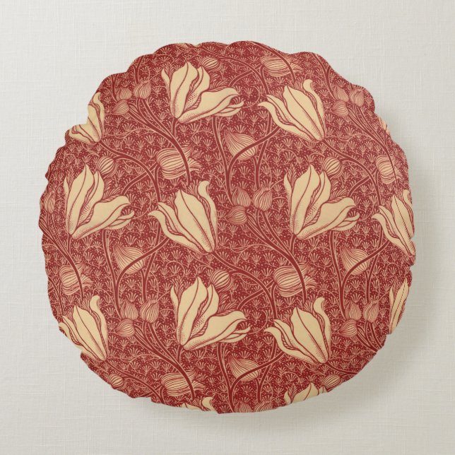 Morris Inspired Lily Flower Botanical Red Textile  Round Cushion (Front)