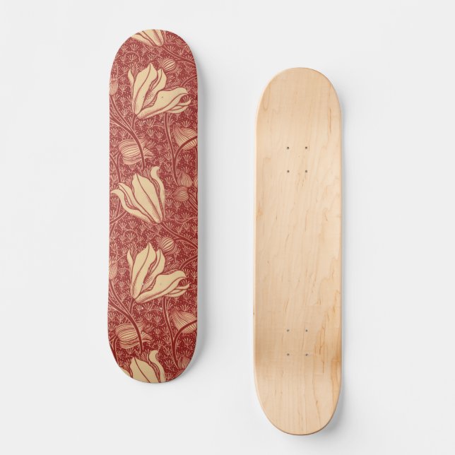 Morris Inspired Lily Flower Botanical Red Textile  Skateboard (Front)