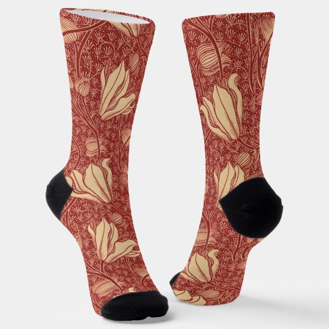 Morris Inspired Lily Flower Botanical Red Textile  Socks (Angled)