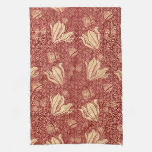 Morris Inspired Lily Flower Botanical Red Textile  Tea Towel
