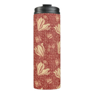 Morris Inspired Lily Flower Botanical Red Textile  Thermal Tumbler