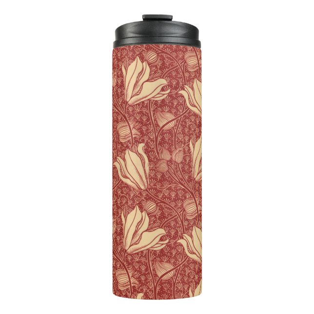 Morris Inspired Lily Flower Botanical Red Textile  Thermal Tumbler (Front)
