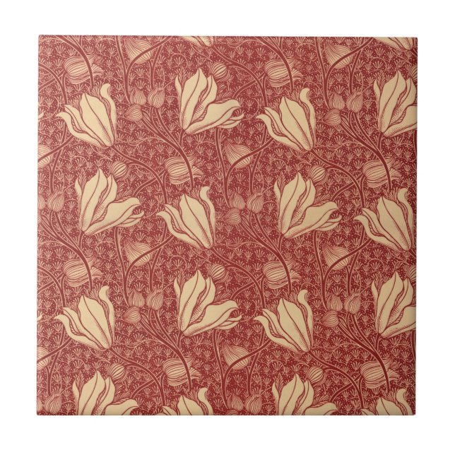 Morris Inspired Lily Flower Botanical Red Textile  Tile (Front)