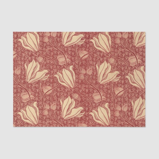 Morris Inspired Lily Flower Botanical Red Textile  Tissue Paper (Front)