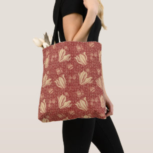Morris Inspired Lily Flower Botanical Red Textile  Tote Bag