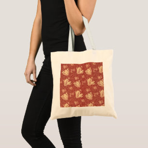 Morris Inspired Lily Flower Botanical Red Textile  Tote Bag
