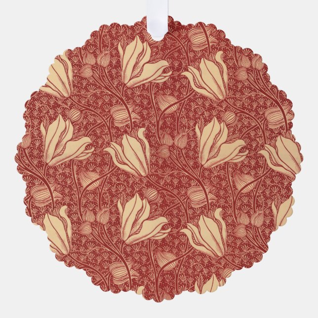 Morris Inspired Lily Flower Botanical Red Textile  Tree Decoration Card (Front)