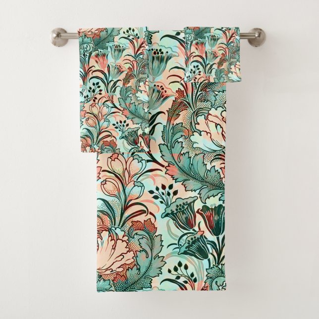 Morris Inspired Tulips,Peonies,Acanthus Green Bath Towel Set (Insitu)