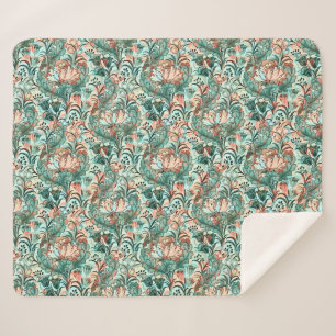 Morris Inspired Tulips,Peonies,Acanthus Green Sherpa Blanket