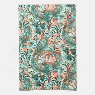 Morris Inspired Tulips,Peonies,Acanthus Green Tea Towel