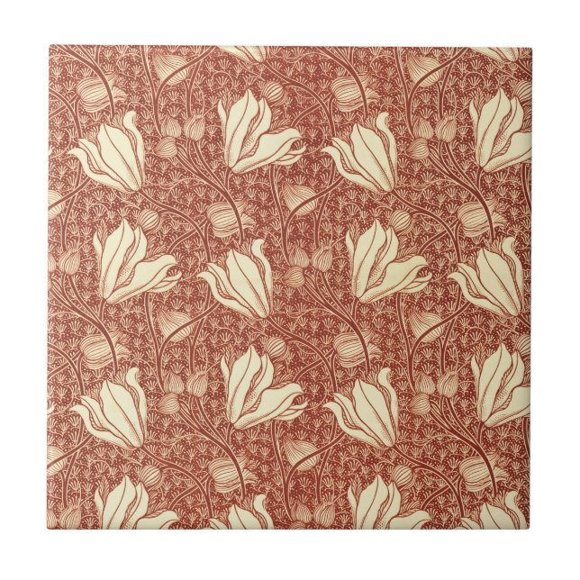 Morris Inspired Victorian Red Lily Floral Textile Tile (Front)