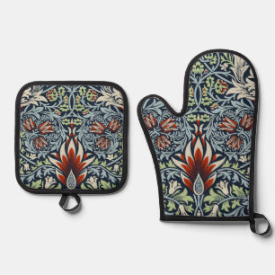 Morris Navy Blue Snakeshead Floral Wallpaper Oven Mitt & Pot Holder Set