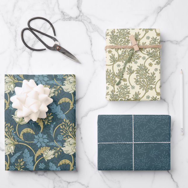 Morris Park Blue and Green Floral Demask Wrapping Paper Sheet (Front)