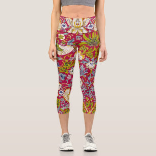 Morris Red Background Strawberry Thief Pattern Capri Leggings