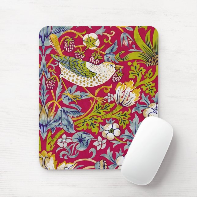 Morris Red Background Strawberry Thief Pattern Mouse Mat (With Mouse)