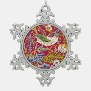 Morris Red Background Strawberry Thief Pattern Snowflake Pewter Christmas Ornament