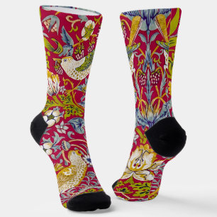 Morris Red Background Strawberry Thief Pattern Socks