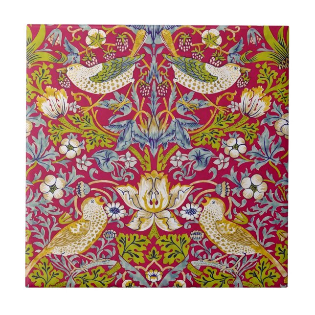Morris Red Background Strawberry Thief Pattern Tile (Front)
