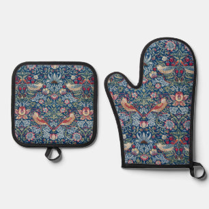 Morris Strawberry Thief Classic Indigo Blue Fine Oven Mitt & Pot Holder Set