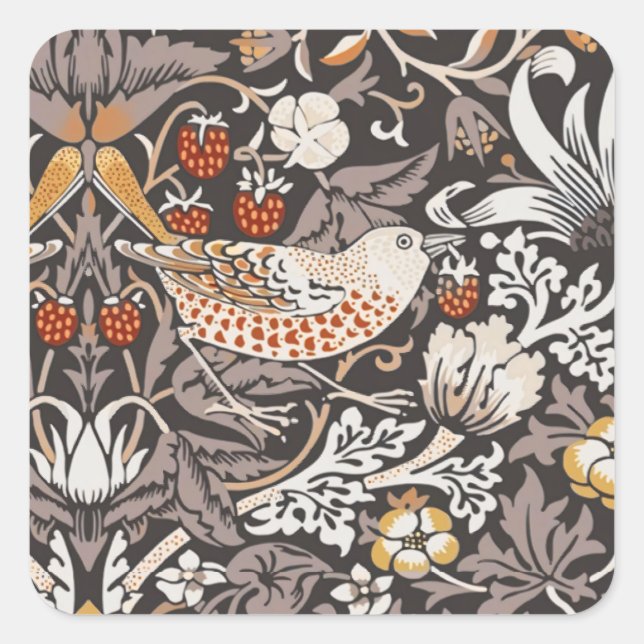Morris Strawberry Thief Close-up Earth Tones Square Sticker (Front)