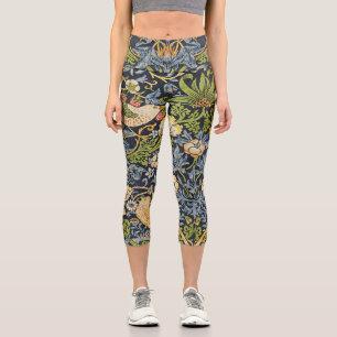 Morris Strawberry Thief Navy Blue Vintage Fine Art Capri Leggings