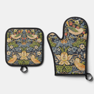Morris Strawberry Thief Navy Blue Vintage Fine Art Oven Mitt & Pot Holder Set