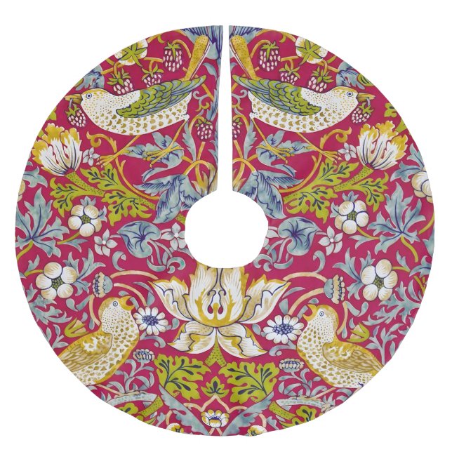 Morris Strawberry Thief Raspberry Red Lime Floral Brushed Polyester Tree Skirt (Front)