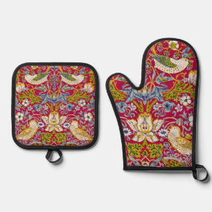 Morris Strawberry Thief Raspberry Red Lime Floral Oven Mitt & Pot Holder Set