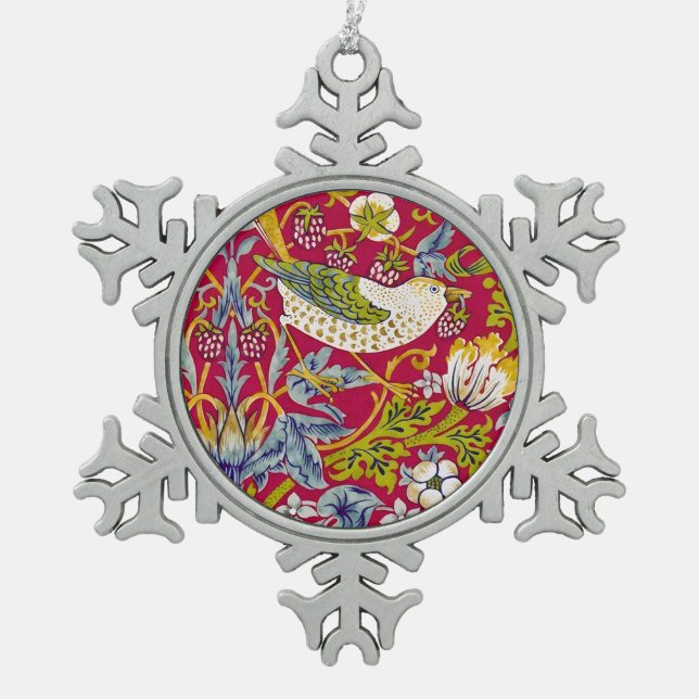 Morris Strawberry Thief Raspberry Red Lime Floral Snowflake Pewter Christmas Ornament (Front)