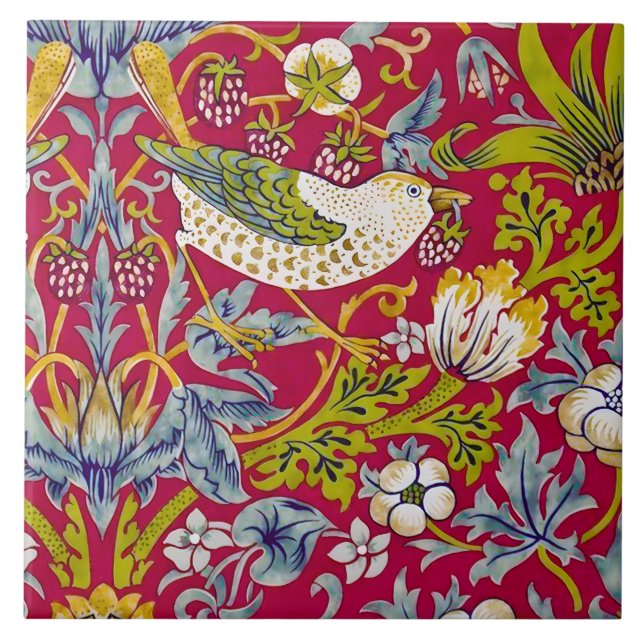Morris Strawberry Thief Raspberry Red Lime Floral Tile (Front)