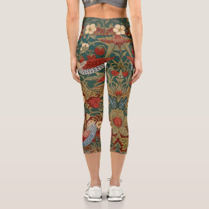 Morris Strawberry Thief Teal Green Red Floral Art Capri Leggings