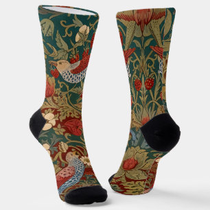 Morris Strawberry Thief Teal Green Red Floral Art Socks